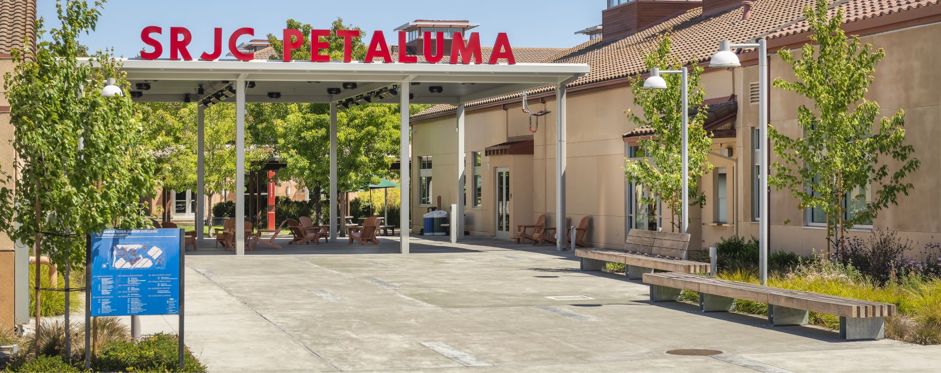 The SRJC Petaluma campus entrance with the large SRJC PETALUMA sign