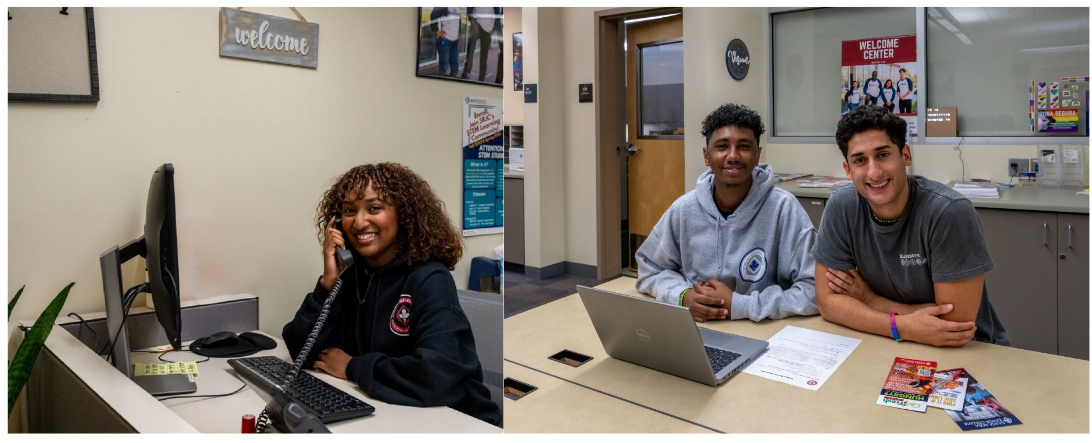 photo of peer coach answering phone, and two coaches smiling